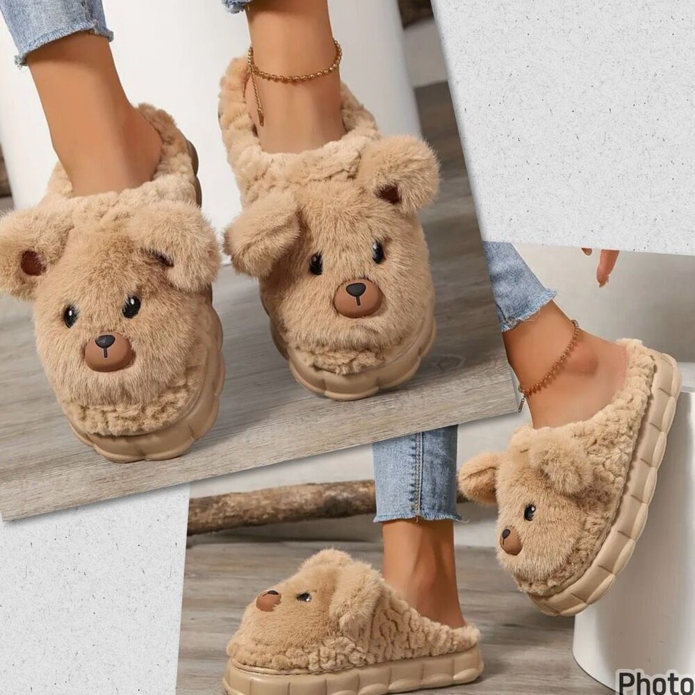 NWT Chunky 8,/8.5/9 Cushion Comfy Plush Teddy Bear Tan Furry High Soles Slipper